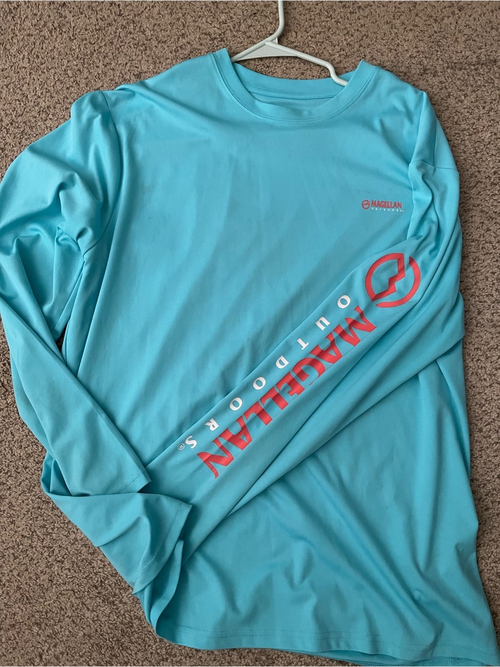 Magellan Outdoors Long-Sleeve Performance Tee in Aqua with Coral Logo